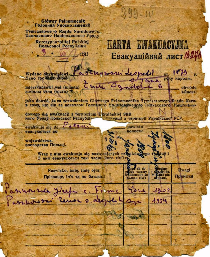 KKE 5930.jpg - Dok. Karta ewakuacyjna rodziny Leopolda Kleofas Paszkowskiego, Łuck, 3 VII 1943 r. do 22 VIII 1945 r.